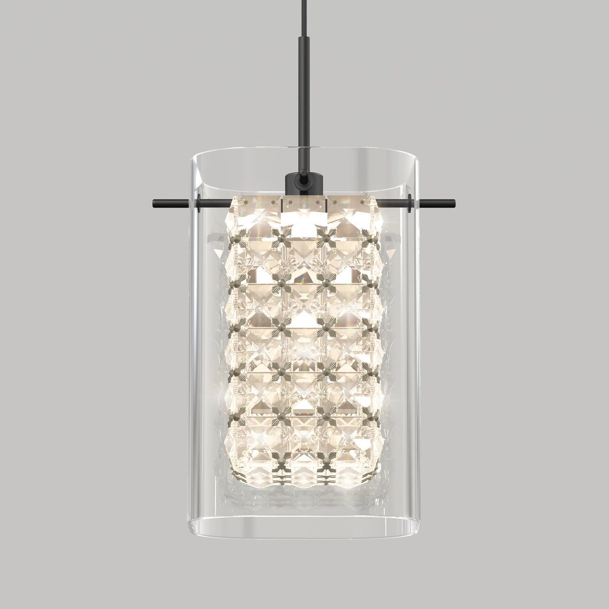 A modern pendant light with a clear rectangular glass shade and an inner layer of faceted crystal elements, suspended from a black rod against a plain gray background.
