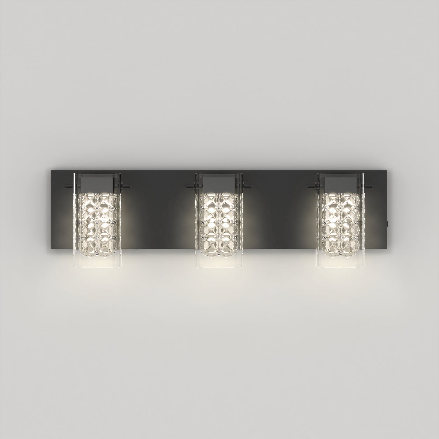 The Artika Crystal Cube LED bathroom vanity light 5 CCT is a modern wall-mounted fixture with three rectangular lights, each with a crystal-like glass cover, all set on a sleek black base.