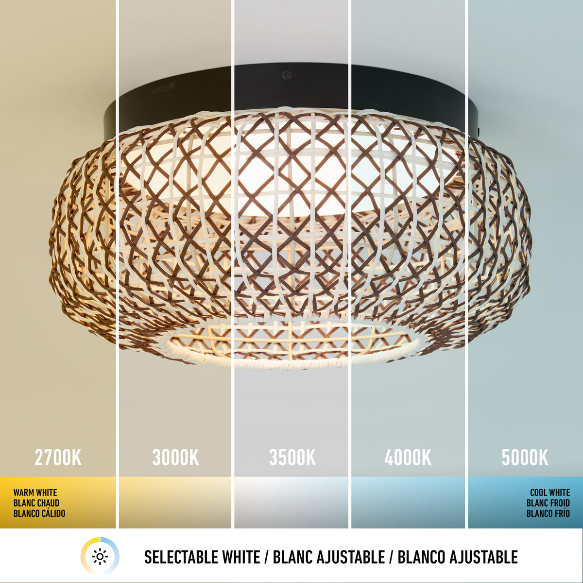 A woven rattan ceiling light fixture is shown under five different white light color temperatures, ranging from warm white (2700K) on the left to cool white (5000K) on the right, with labels and a selectable white icon below.