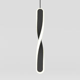 A modern, vertically hanging pendant light with a black, twisted shape outlined by a continuous, glowing white LED edge against a plain gray background.