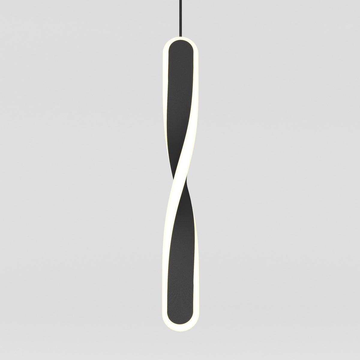The Artika Finley modern LED pendant light 5 CCT features a twisted black body with white glowing edges, suspended vertically against a plain light gray background.