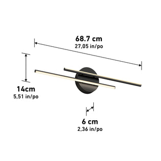 The Artika Cisco 27-in (69 cm) Integrated LED 5-CCT Vanity Light Bar is shown on a white background with labeled dimensions—ideal for bathroom lighting.
