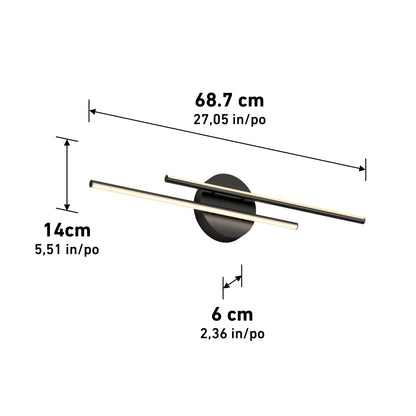 The Artika Cisco modern LED bathroom vanity light 5 CCT features two horizontal bars on a round base, measuring 68.7 cm wide, 14 cm tall, and 6 cm deep. Measurements are labeled.