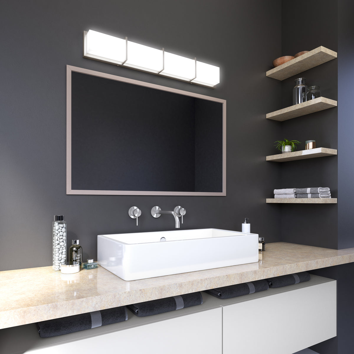 Modern bathroom featuring a rectangular mirror, wall-mounted faucet, white vessel sink on a beige countertop, shelves with towels and decor, and the Artika Subway 35-in Integrated LED Vanity Light Bar brightening the space above the mirror.