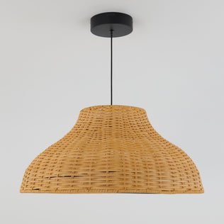 The Artika Raina LED pendant light 5 CCT features a woven rattan shade and hangs from a black ceiling fixture against a plain white background.