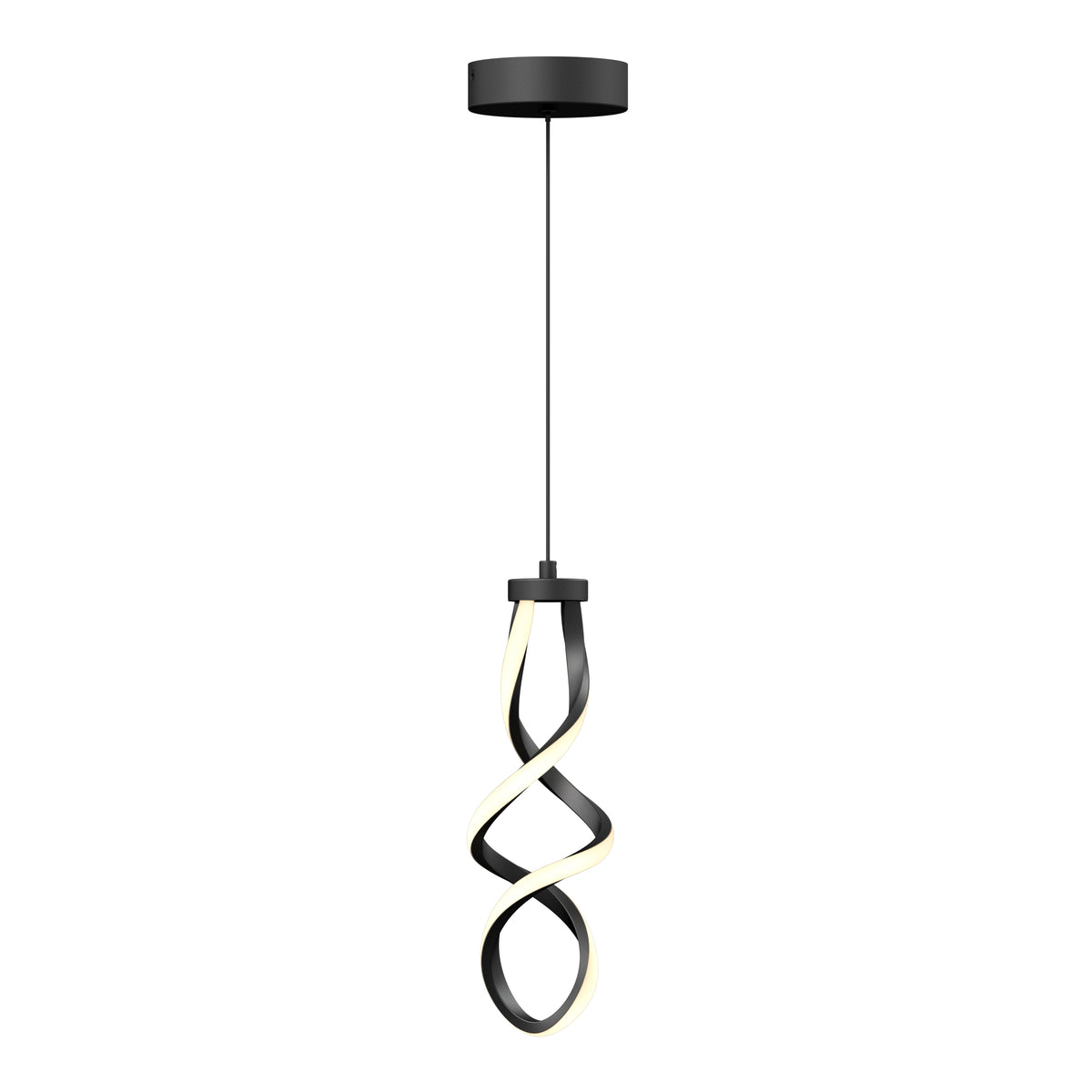 A modern black pendant light with a twisted, ribbon-like LED design hanging from a thin cord and circular ceiling mount.