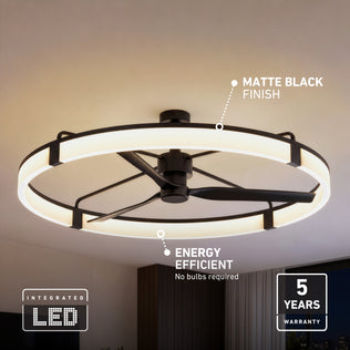 Artika Sunnyvale 52 in. LED ceiling fan, matte black, circular light, energy efficient, remote included, 5-year warranty.