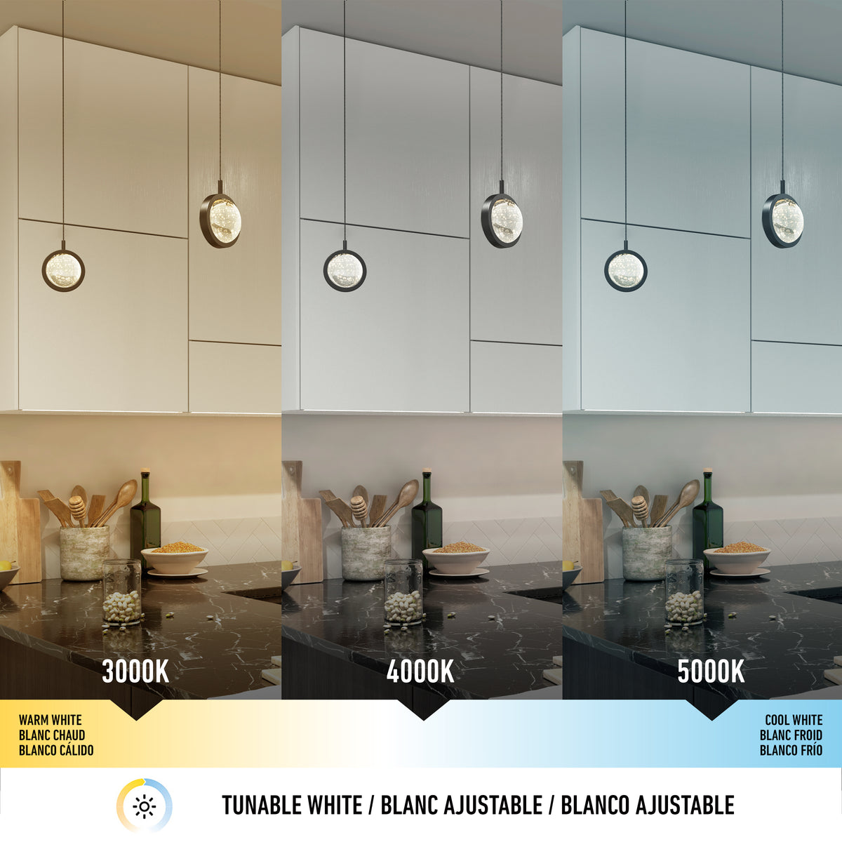 The Avalon LED 1-light pendant by Artika is shown in a kitchen under warm white (3000K), neutral white (4000K), and cool white (5000K) light, demonstrating how each lighting temperature changes the room’s look.