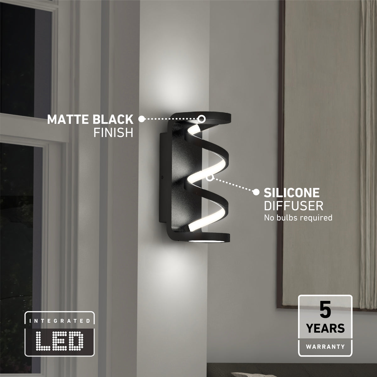 A modern wall light with a matte black finish and silicone diffuser emits LED light. Labels point to its features. A 5 years warranty badge and Integrated LED text are displayed in the bottom corners.
