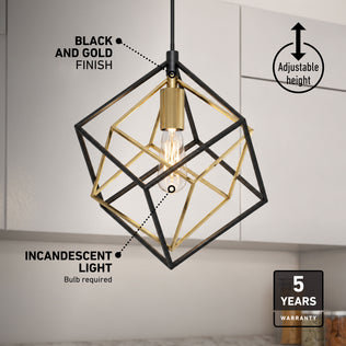 Artika Imperium Single pendant: black/gold cube, adjustable, hallway-ready, incandescent bulb. Includes 5-yr warranty.