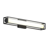 A modern wall-mounted light fixture with a rectangular black metal frame surrounding a long, cylindrical frosted light tube, emitting a soft, even glow.