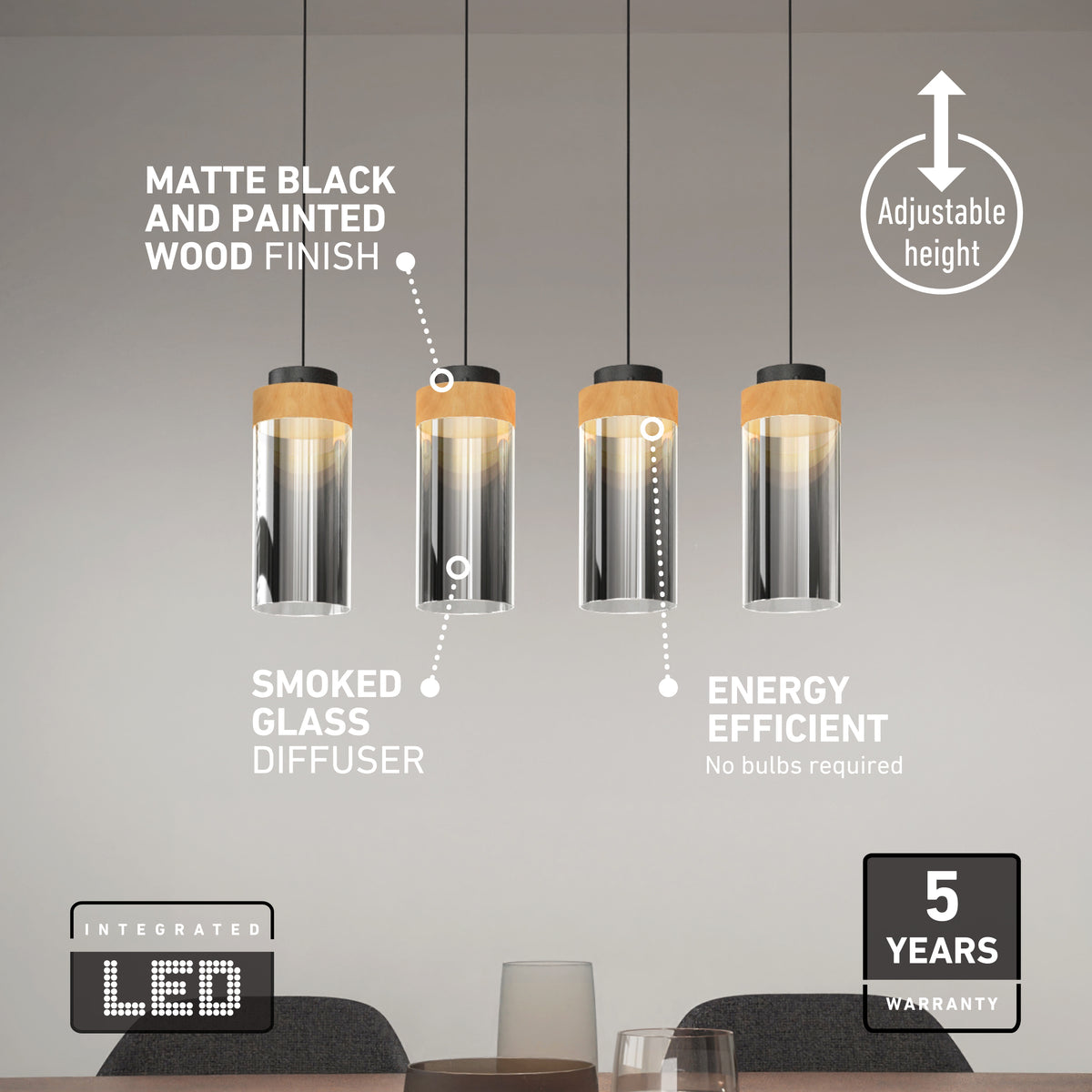 The Artika Hanson 4-light LED pendant features matte black and painted wood finishes with smoked glass diffusers above a table. This fixture offers adjustable height, energy efficiency, integrated LEDs, 5 CCT options, and a 5-year warranty.