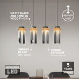 Four modern hanging pendant lights with matte black and painted wood finish, smoked glass diffusers, and adjustable height. Text highlights features: energy efficient, integrated LED, and 5-year warranty.