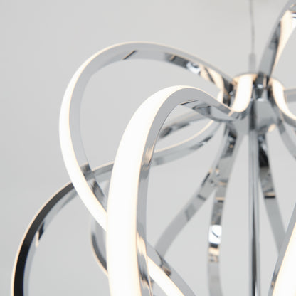Close-up of the Artika Meridian LED pendant light featuring intertwined, curved metal design and illuminated LED strips against a plain, light background.