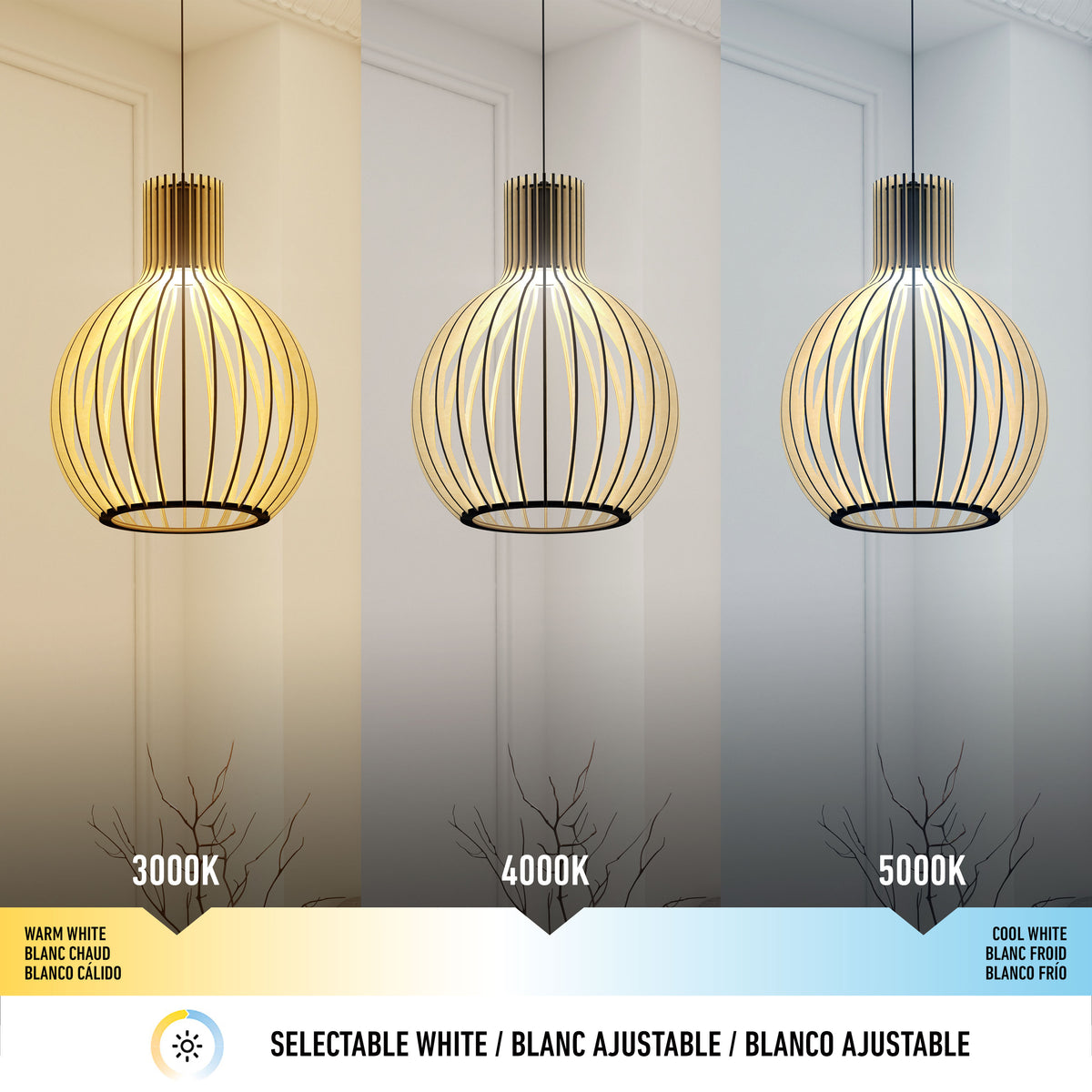 Three modern pendant lights showing different white color temperatures: warm white (3000K) on the left, neutral white (4000K) in the center, and cool white (5000K) on the right; labels and color gradient bar below.