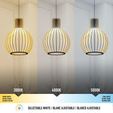 Three modern pendant lights showing different white color temperatures: warm white (3000K) on the left, neutral white (4000K) in the center, and cool white (5000K) on the right; labels and color gradient bar below.