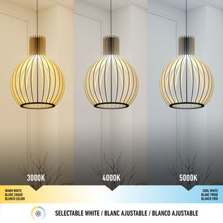 Three identical Artika Tomi LED Pendant Light 3 CCT fixtures hang in a row, each set to a different color temperature: warm white (3000K), neutral white (4000K), and cool white (5000K), with a color temperature scale displayed below.