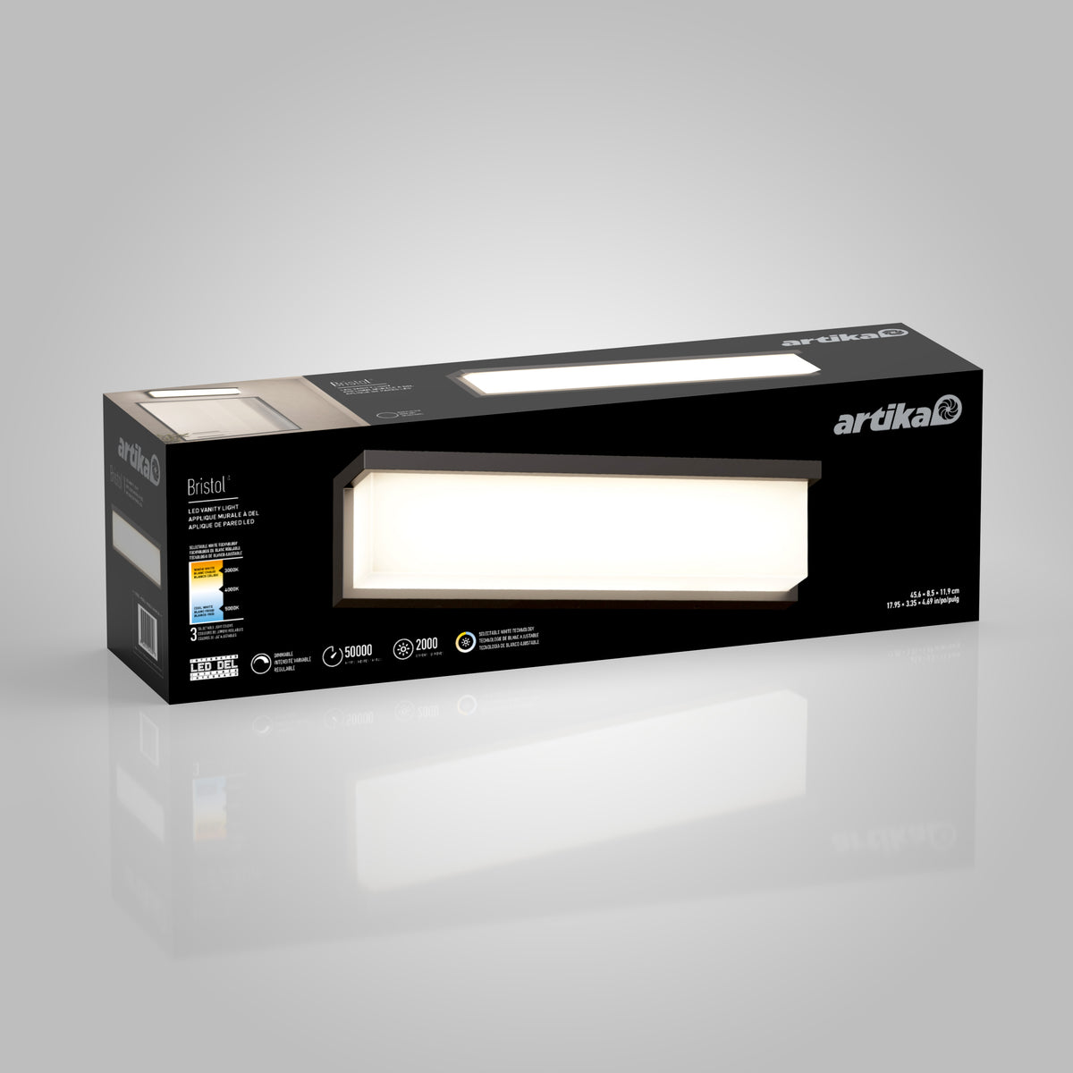 Rectangular black box packaging for an Artika Bristol LED vanity light, showing an image of the light fixture, energy info, and product specifications on a light gray gradient background.