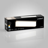 Rectangular black box packaging for an Artika Bristol LED vanity light, showing an image of the light fixture, energy info, and product specifications on a light gray gradient background.