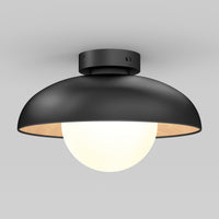 The Artika Boden LED flush mount light features a matte black dome-shaped shade and a white globe bulb, mounted on a gray ceiling.