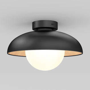 The Artika Boden LED flush mount light features a matte black dome-shaped shade and a white globe bulb, mounted on a gray ceiling.