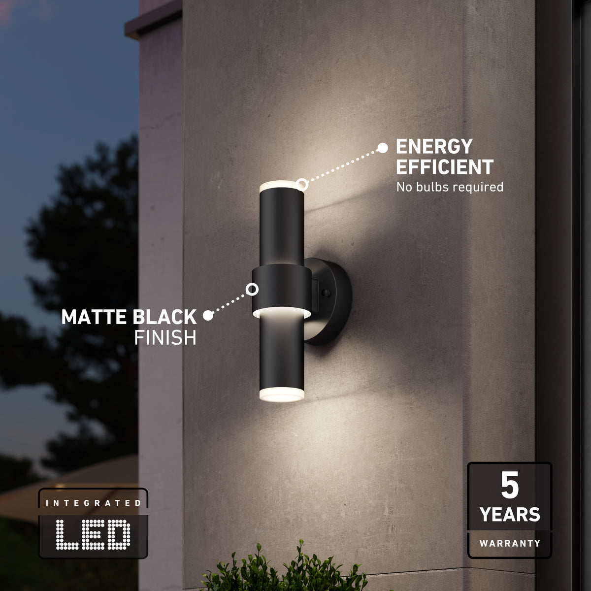 A modern outdoor wall light with a matte black finish emits light from both ends. Text highlights its integrated LED, energy efficiency, no bulbs required, and five-year warranty. The setting is evening.