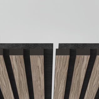 A close-up of the Artika Sonolok 15.5 ft sound-absorbing wall panel kit shows vertical wooden slats with black backing, arranged in parallel with a central gap, set against a plain white background.
