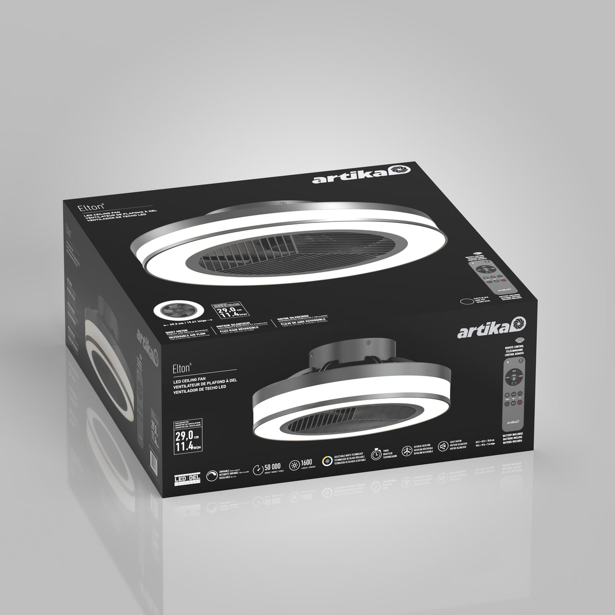 The image shows a black and gray Artika-branded box containing an Ellott ceiling fan with an integrated LED light, remote control, and three-speed settings, displayed against a plain light gray background.