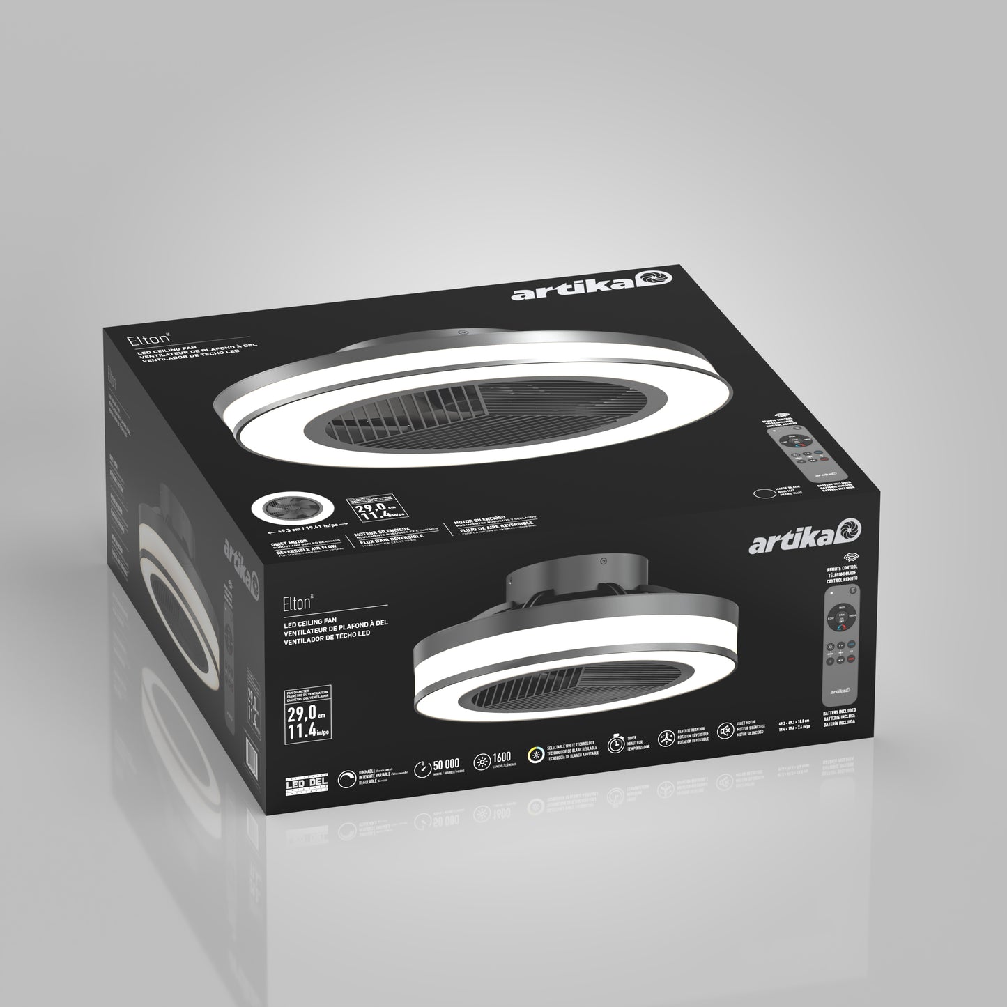 A black and gray box displays the Artika Elton 19.4 in. LED modern ceiling fan with 3 speeds and remote. The box features images of the fan, its remote control, and product highlights on a reflective surface.