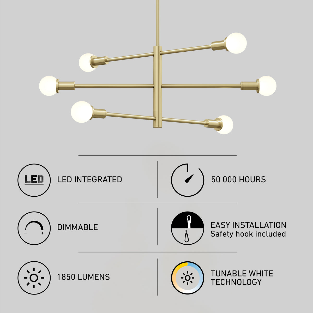 Brass modern chandelier with six exposed bulbs, shown above icons indicating features: LED integrated, 50,000 hours lifespan, dimmable, easy installation, 1850 lumens, and tunable white technology.