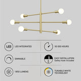 Brass modern chandelier with six exposed bulbs, shown above icons indicating features: LED integrated, 50,000 hours lifespan, dimmable, easy installation, 1850 lumens, and tunable white technology.