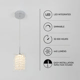 A modern hanging pendant light with a crystal-like shade and chrome fixture is shown. Beside it, icons indicate features: LED integrated, dimmable, 50,000 hours lifespan, 440 lumens, and easy installation.