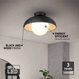 A modern ceiling light with a black and wood finish, featuring a round LED bulb. Text highlights Energy Efficient, Black and Wood Finish, Integrated LED, and 3 Years Warranty. A plant is visible below.