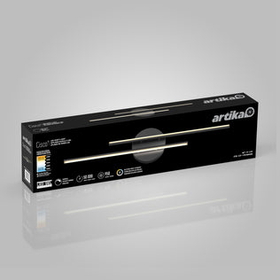 A rectangular black box for the Artika Cisco 27-in Integrated LED 5-CCT Vanity Light Bar features images of the fixture, brightness, energy savings, lifespan icons, and highlights its adjustable color temperature for bathroom lighting.