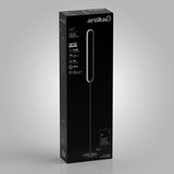 A black rectangular box displaying the Artika Leni LED floor lamp. The packaging shows the lamp’s slim, modern design and highlights features like 50,000-hour lifespan, 700 lumens, and 3000K warm white light.
