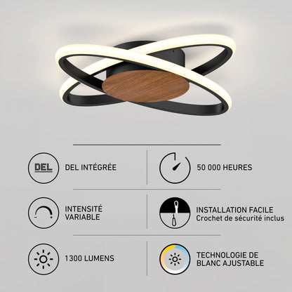 Artika Atomic 15 in. LED Flush Mount Ceiling Light with intersecting rings, wood-grain center, 5 CCT, integrated LED, and dimming capability.