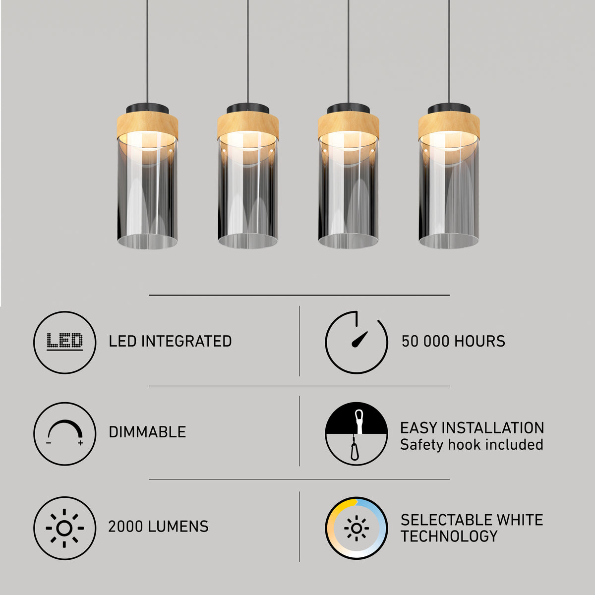 Four modern pendant lights with wood accents hang above icons and text highlighting features: LED integrated, 50,000 hours, dimmable, easy installation, 2000 lumens, and selectable white technology.