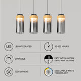Four modern pendant lights with wood accents hang above icons and text highlighting features: LED integrated, 50,000 hours, dimmable, easy installation, 2000 lumens, and selectable white technology.