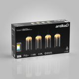 Black rectangular box displaying four Artika Hanson LED pendant lights with wood and black accents; product features, specifications, and efficiency label are shown on the packaging.