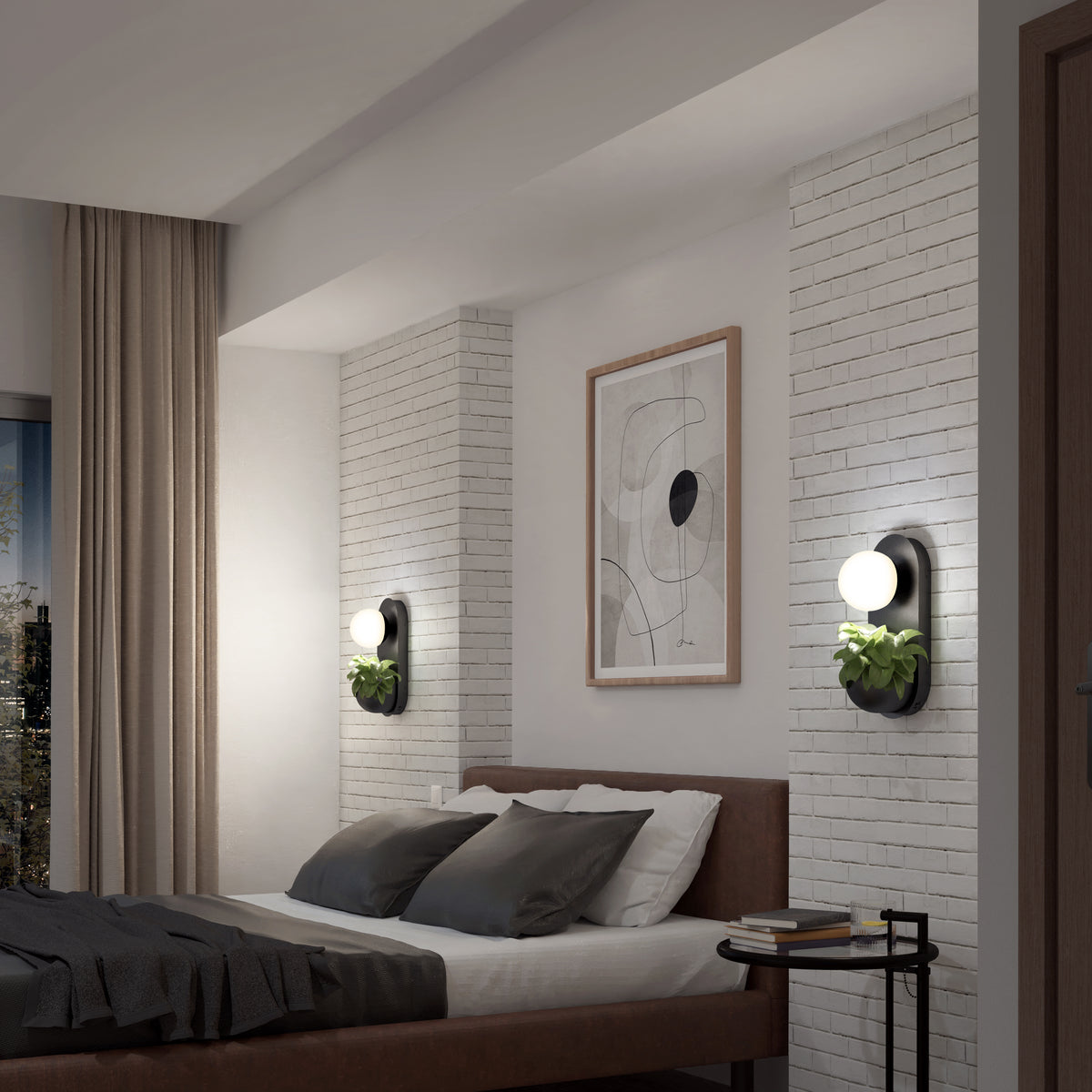 A modern bedroom features a brown bed, gray and white bedding, white brick accent wall, abstract art, plants, beige curtains, a side table, and Artikas Bloomfield LED modern mid-century wall sconce (5 CCT).