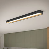 A rectangular, modern ceiling light fixture with a black frame and warm light is mounted above sage green kitchen cabinets and a white tiled backsplash.
