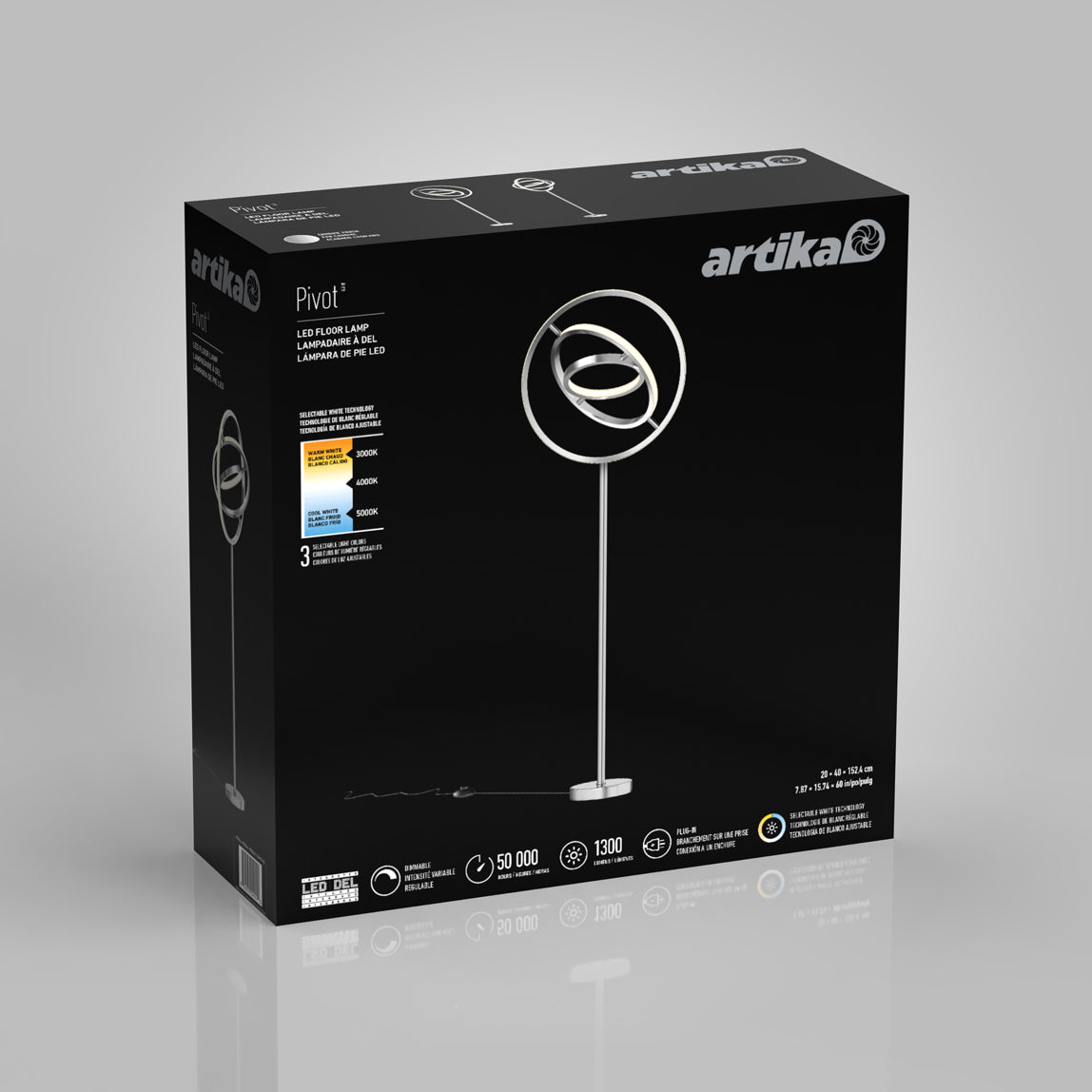 A black box showcases the Artika Pivot modern LED floor lamp 3 CCT, with a sleek circular ring design. Product specs note a 50,000-hour lifespan, 1300 lumens, and adjustable color temperatures.