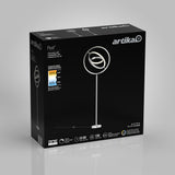 A black box displaying the Artika Pivot LED floor lamp, featuring a modern, circular design. Product details, icons, and specifications are printed on the packaging against a gray background.