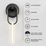 Modern black and white wall sconce with LED light, shown with icons listing features: LED integrated, dimmable, 50,000 hours lifespan, 750 lumens, easy installation, and selectable white technology.