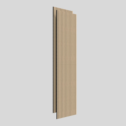 Vertical wooden slat wall panels with narrow gaps between each slat, shown standing upright against a plain light gray background.