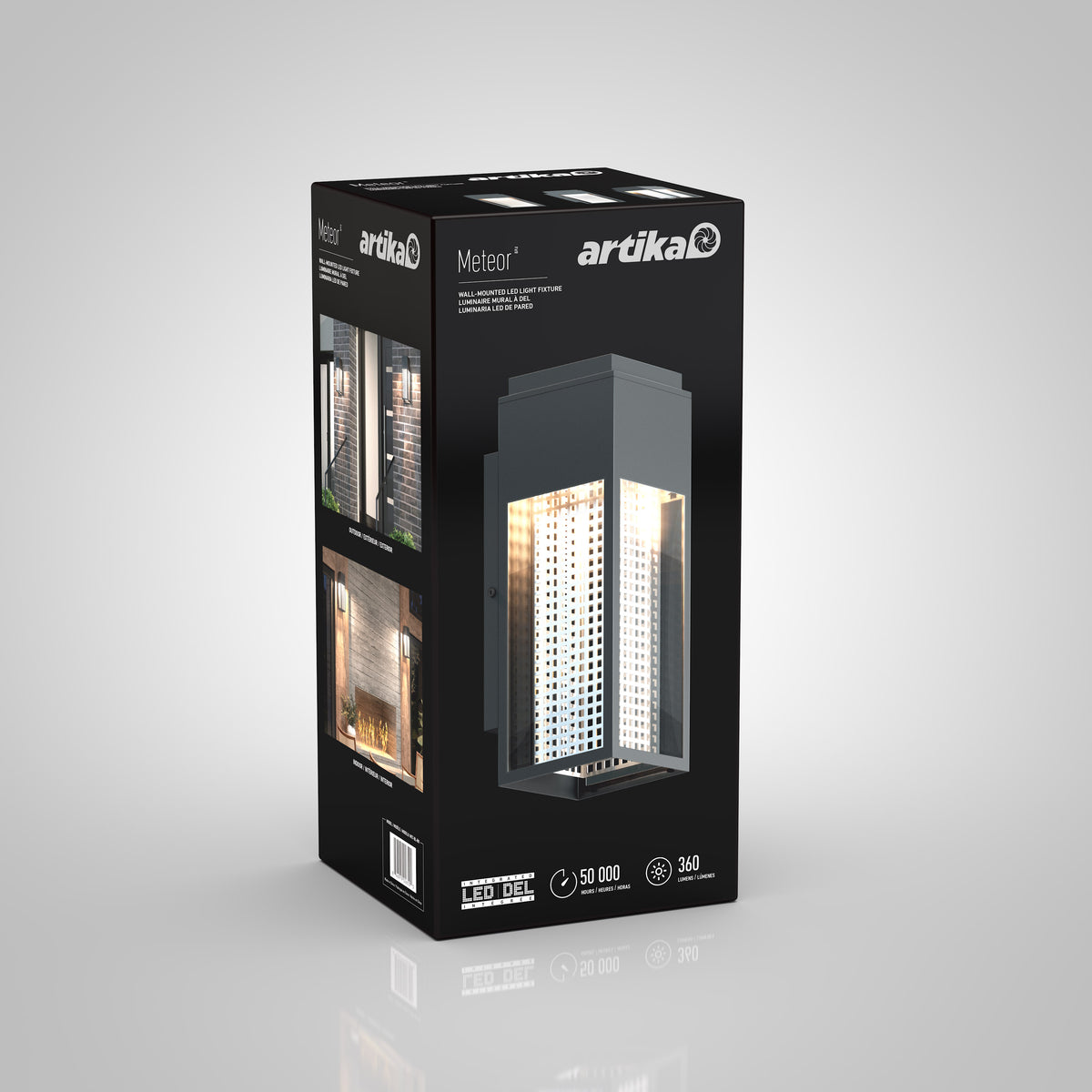 Black product box for the Artika Meteor LED wall light, featuring an image of the light fixture, product details, and photos of the light installed outdoors. The box highlights LED technology and a 50,000-hour lifespan.