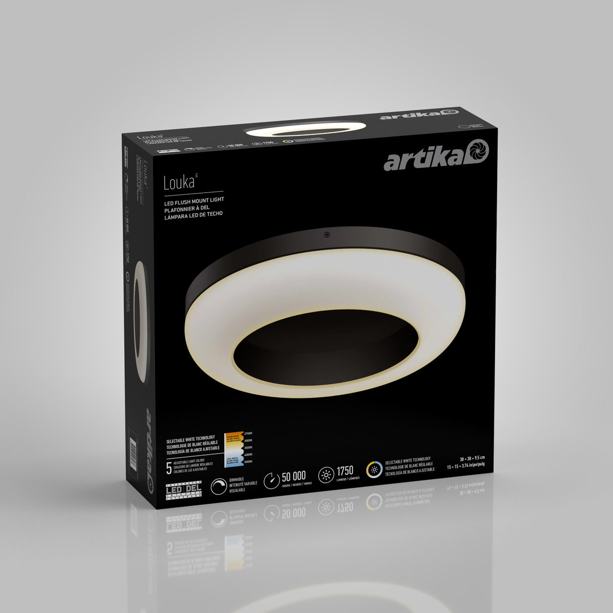 A black Artika Louka LED flush mount ceiling light in its packaging, featuring a circular modern design with a glowing ring, product details, and icons for brightness, lifespan, and warranty on the box.