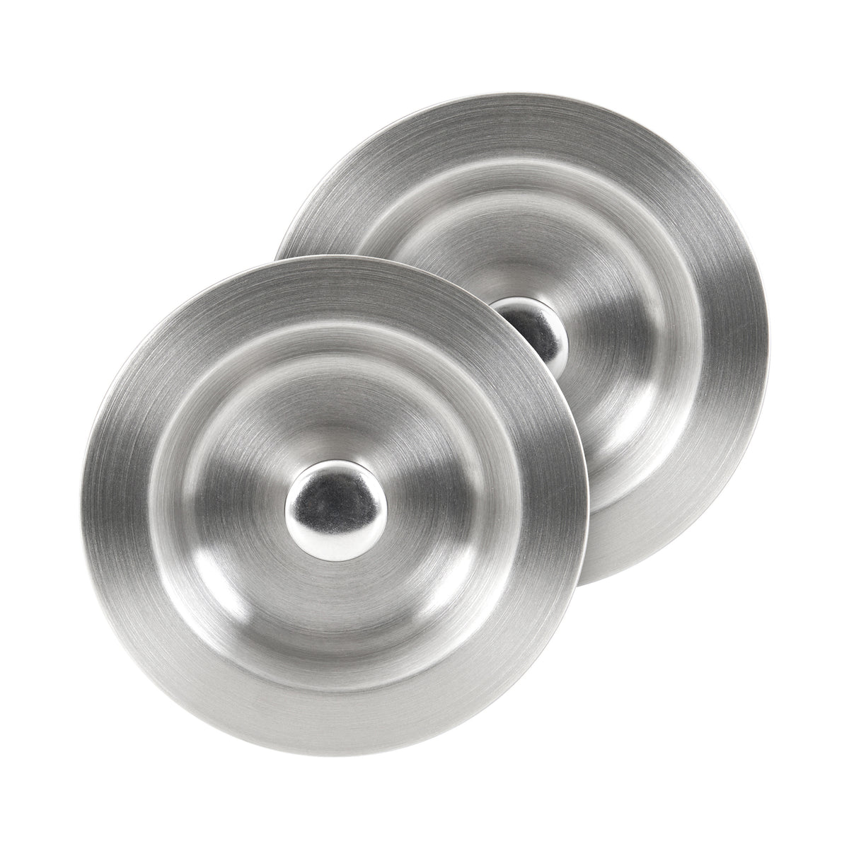 Two round, silver stainless steel lids with brushed finish and central knobs from the Artika Newport double bowl sink, shown overlapping on a white background.
