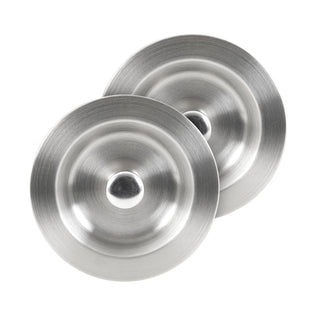 Two round, silver stainless steel lids with brushed finish and central knobs from the Artika Newport double bowl sink, shown overlapping on a white background.