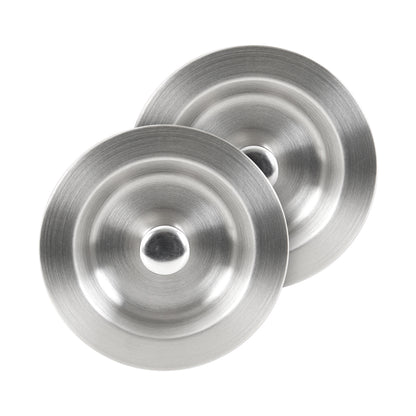 Two round, silver stainless steel lids with brushed finish and central knobs from the Artika Newport double bowl sink, shown overlapping on a white background.